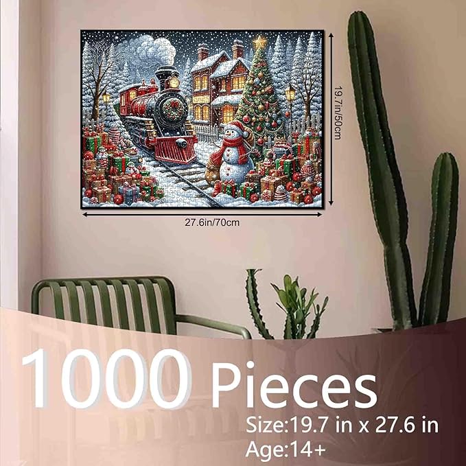 1000 Piece Jigsaw Puzzles for Adults Christmas Train,Xmas Tree Painting Christmas Gift,Snowman Jigsaw Puzzle 1000 Pieces Snowy Winter Village Puzzles Family Fun Game DIY Craft Bedroom Decor Festival