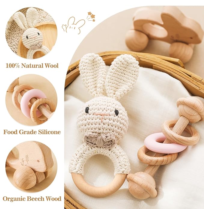 Wooden Baby Rattle 3 PCS Push Car Rattle Set Crochet Rattle Ring Wooden Montessori Toy for Newborn Infant Baby Gifts (Rabbit Rattle)