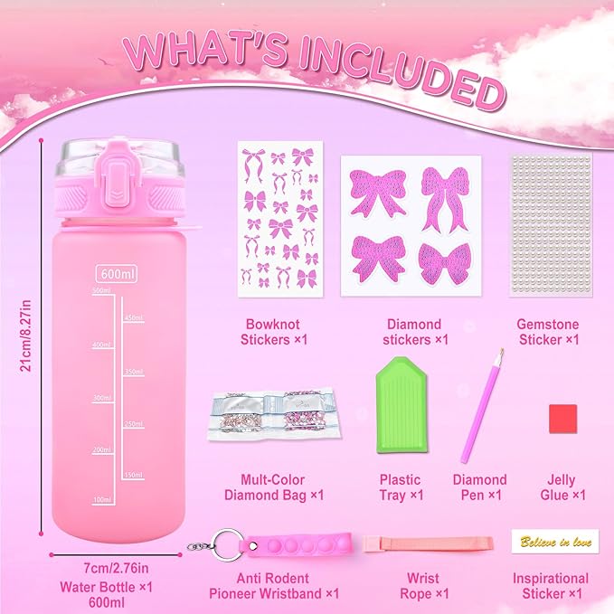 ASIOWELY Decorate Your Own Water Bottle Kits for Girls Age 4-6-8-10, Pink Bow Pattern Diamond Painting Art and Crafts for Boys Age 4-12, Fun Gifts Toys for Kids School Birthday Christmas