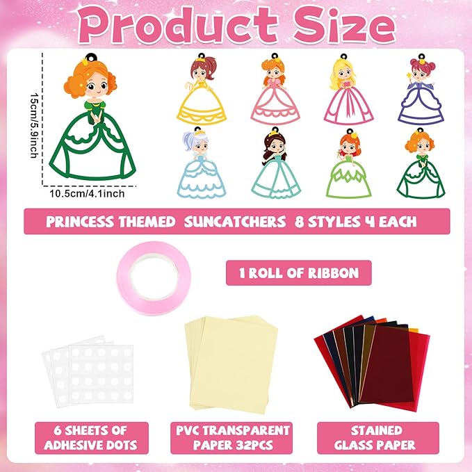 QOUBAI 32 Sets Princess Suncatchers Craft Kit DIY Window Stained Glass Effect Princess Paper Crafts Home School Classroom Decoration Kid Birthday Gift Creative Art Project Activity Game