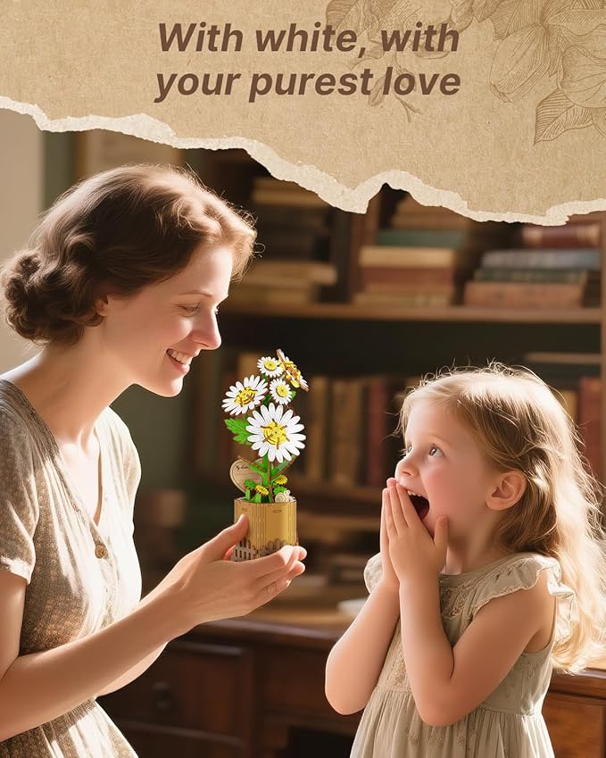 3D Daisy Wooden Puzzles for Adults, DIY Wooden Flower Craft Kit, Artificial Flowers Model Kit to Assemble for Adults.(3.1 * 2.6 * 7.4in 91PCS)