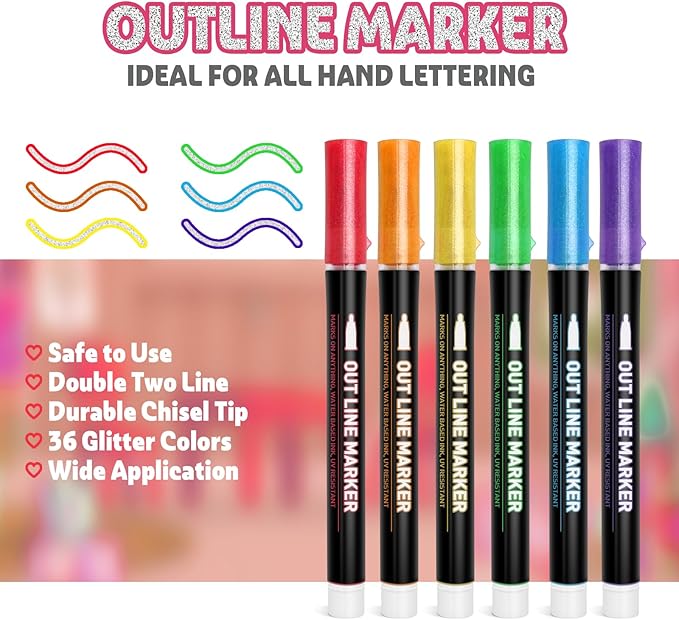 Teen Girl Gifts Trendy Stuff, 36 Shimmer Markers Outline Glitter Pens, Arts Crafts Kids Ages 8-12, Art Supplies for Kids 9-12, 8 Year Old Girl Birthday Gifts for 10 Year Old Girls