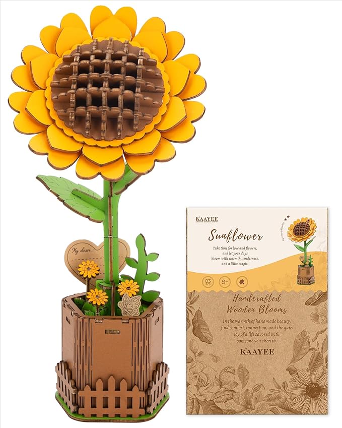 3D Flower Wooden Puzzles for Adults-Sunflower, Wooden Flowers Model Kit Set DIY Crafts to Build, Mother's Day/Botanical Collection/Ideal Creative Gift Ideas/Housewarming