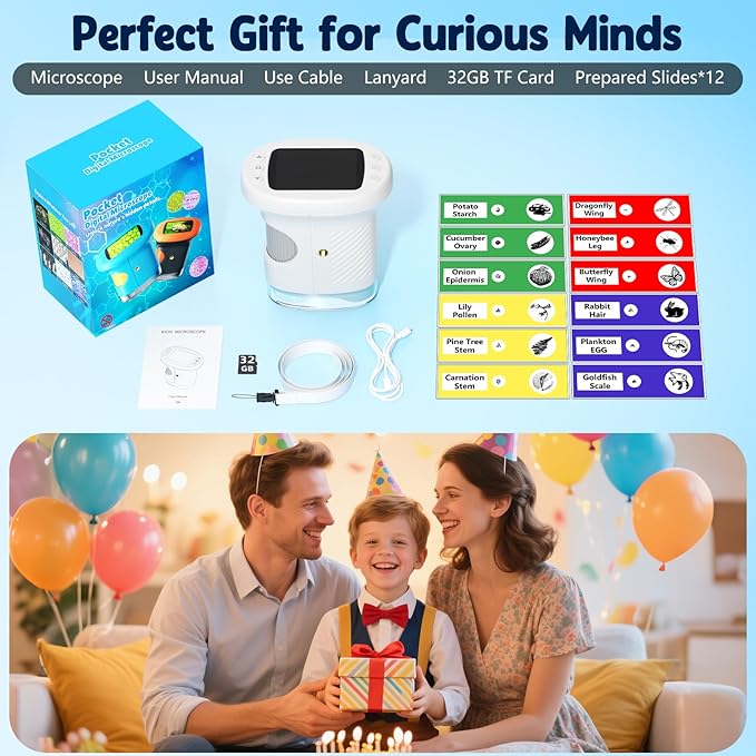 1000X Handheld Microscope for Kids, 4K 2.4" Screen Digital Kids Microscopes with 12 Slides, Portable Edu Toys Gifts for Age 3 4 5 6 7 8 9 10 11 12 Year Old Boys Girls Children Students(White)