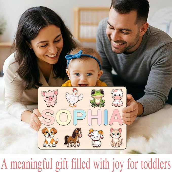 LOVELYPOD Personalized Name Puzzle for Kids, Custom Name Puzzles for Toddlers 1-3 Animal Puzzle, Customized 1st Birthday for Girls & Boys Wooden Toys for Kids, for New Baby - Style 5