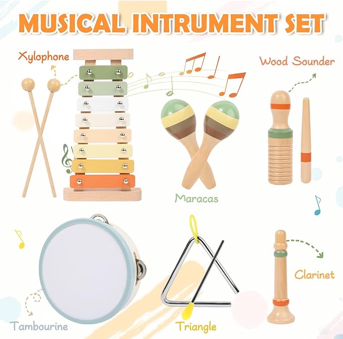 Baby Musical Instruments Set, Toddler Montessori Toys Neutral Colors Percussion Set Preschool Educational Xylophone Music Toys for 2 3 4 Year Old Kids Girls Boys Birthday Gifts