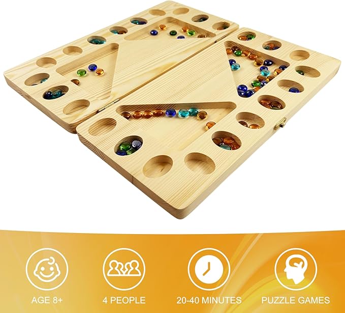 4-Player Mancala Board Game, Foldable Solid Wood with 110 Multi-Coloured Glass Beads, Instruction Manual, Non-Slip Mat,Suitable for Family Party Travelling Adults Puzzle Interactive Game.
