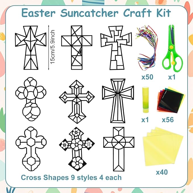 EggSun 36 Sets Cross Suncatchers Craft Kit for Kids Ornaments Stained Glass Window Arts and Crafts Kit for Sunday School Holiday Birthday Supplies Home Christian Decorations Ages 4 8 12