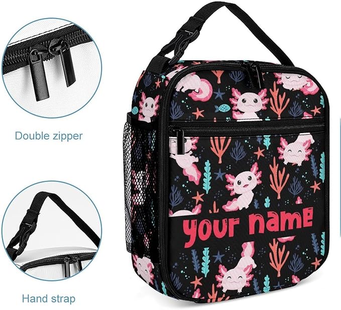 Custom Axolotl Lunch Box - Cute Reusable Axolotl Lunch Bag for Women Men Kids - Small Portable Foldable Insulated Lunchbox for School Work Picnic
