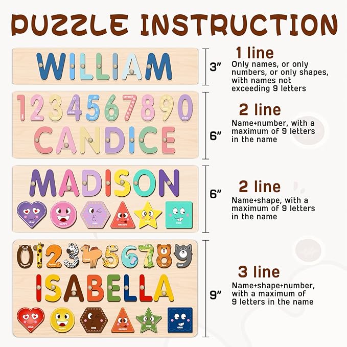 Name Puzzles for Toddlers Boy and Girl, Personalized Wooden Shapes Puzzles for Toddlers 1-3, Educational Toys, Customized Baby Gifts, 1 Year Old Girl Gifts