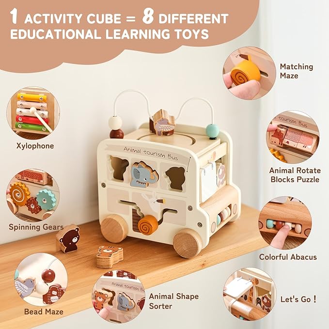 Wooden Activity Cube 8-in-1 Montessori Toys | Multifunctional Early Educational Learning Toys | Wooden Toy for Baby Shape Sorter Xylophone Animal Travel Bus Boy Girl Birthday Gift（Beige Bus）