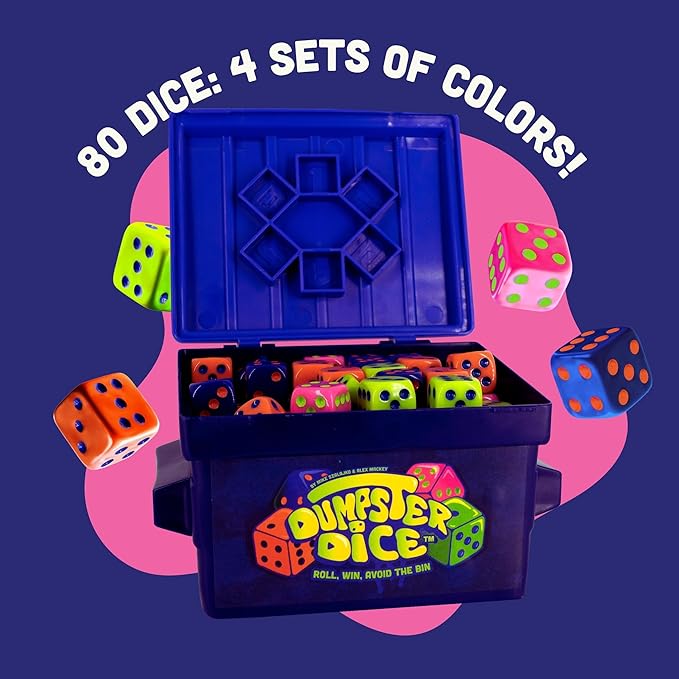 Big Discoveries Dumpster Dice - Fast-Paced Family Dice Game | Fun 4-Player Board and Dice Game with Dumpster, 80 Dice, and Graffiti Stickers | Perfect for Travel, Parties, and Game Night