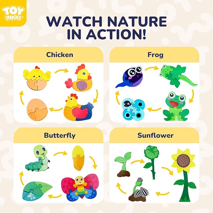 TOY Life Life Cycle Toys Puzzles for Kids, Wooden Puzzles for Toddlers 2-4, 4 Large Pieces Animal Puzzle for Toddlers 1-3, Montessori Toys for 1 2 3 Year Old Boy Girl, Baby Kids Educational Toy