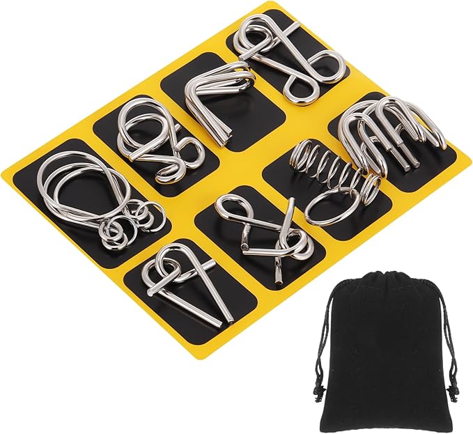 Yilloog Metal Wire Puzzle Set of 8 with Pouch, Brain Teaser Puzzles IQ Test Ring Disentanglement Unlock Interlock Game Trick Metal for Party Favor Challenge(A Style)