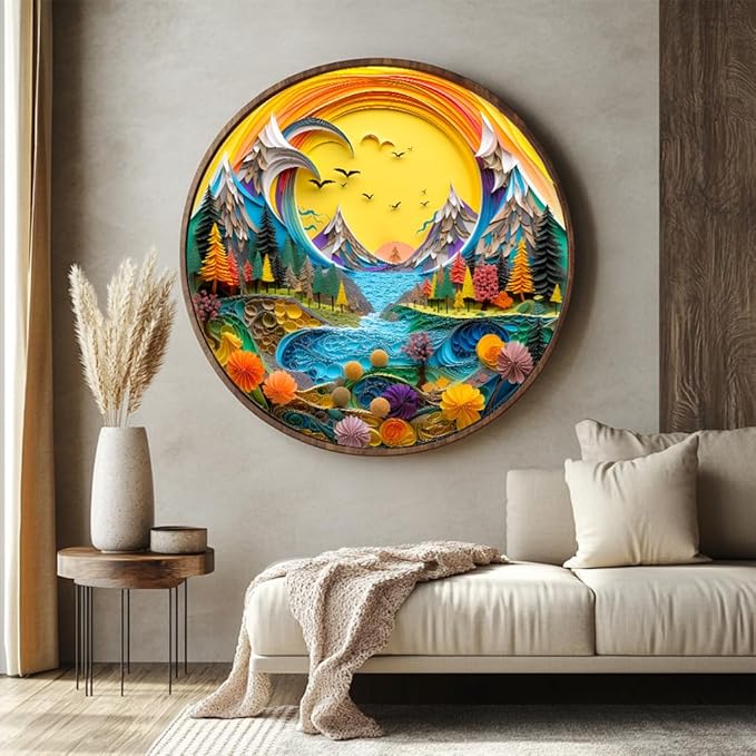 Bgraamiens 1000 Piece Jigsaw Puzzle - Sunset Abstract Paper Art Landscape for Adults - Vibrant Nature Puzzle with Mountains, River & Forest for Relaxing Decor & Gift