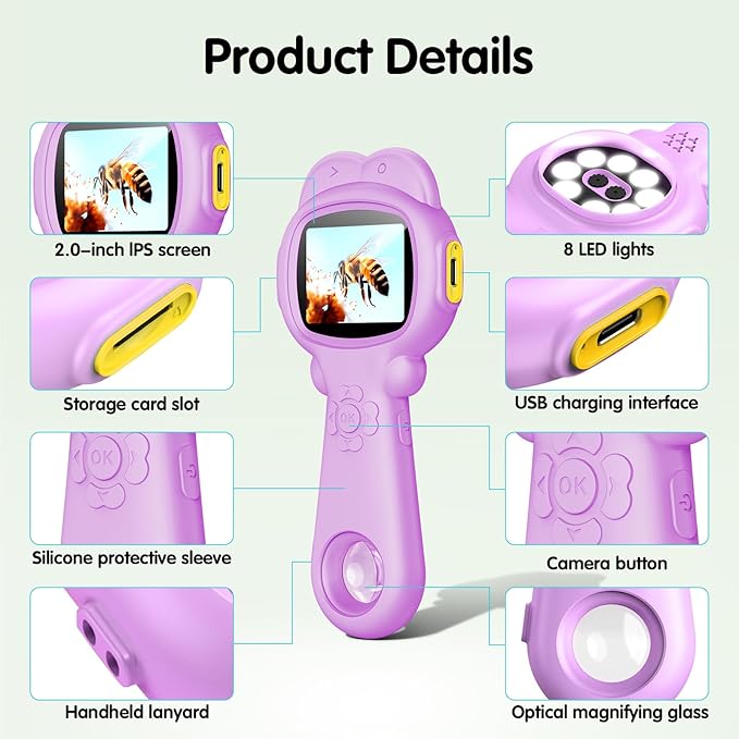 Microscope for Kids, Mini Portable Handheld Microscope with 500X Magnification, 200W Pixels, 2.0 High-Definition Screen for Birthday Christmas Educational Gifts Toys for 3 4 5 6 7 8 9 10 11 12 Kids