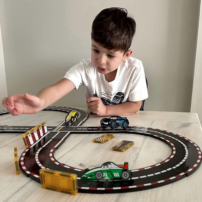 Magnetic Tiles Racing Track & Road Expansion Set with Magnet Car, Magnetic Block Building Toys Games for Toddler Kids, STEM Montessori Toys for 3+ Year Old Boys & Girls, Car Lovers Must Haves