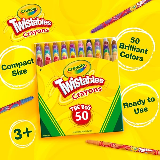 Crayola Mini Twistables Crayons for Kids (50ct), Cute School Supplies for Girls & Boys, Toddler Crayons for Coloring Books, Back to School Gifts for Kids