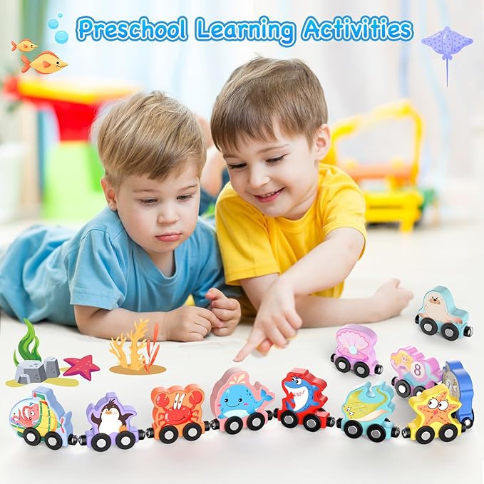 Toys for Toddlers, 11 Magnetic Wooden Sea Animals Train Set, Montessori Toys for Toddlers, Educational Activities for Kids, Birthday Gifts for Boys, Girls
