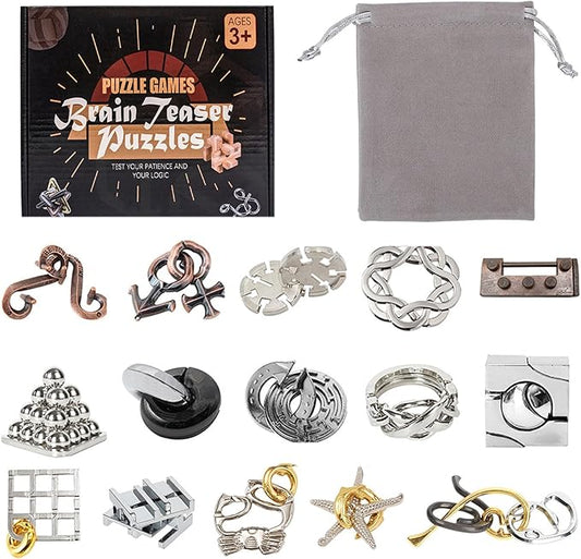 VolksRose 15pcs Brain Teaser Puzzles, Metal Wire Puzzles Set, Mind Smart Game IQ Challenge Puzzle Games, Educational IQ Test Unlock Interlocking Toy Lock Puzzles Gift for Adults Teenagers