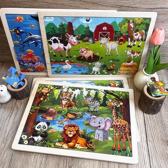 Set of 4 Packs Wooden Animals 24-PC Jigsaw Puzzles Wood Jigsaw Puzzles for Kids 3+ Years up Preschool Educational Puzzles Boards Toys Gifts