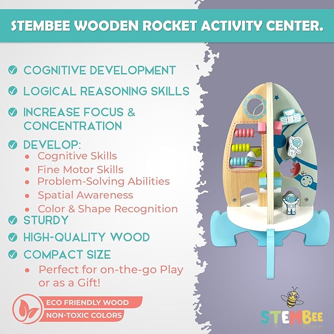 Space Rocket Wooden Activity Cube for Toddlers 1-3 - Includes Colorful Bead Maze for Montessori Sensory Development. Fun Toy Activity Center for Baby Boys & Girls. Excellent First Birthday Gift