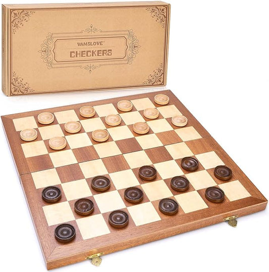 VAMSLOVE 14inch Checkers Folding Wooden Game Set, 8x8 Classic Checkerboard International Checkers Draughts Board 64 Square with Pieces Storage Slots (Instructions Included)
