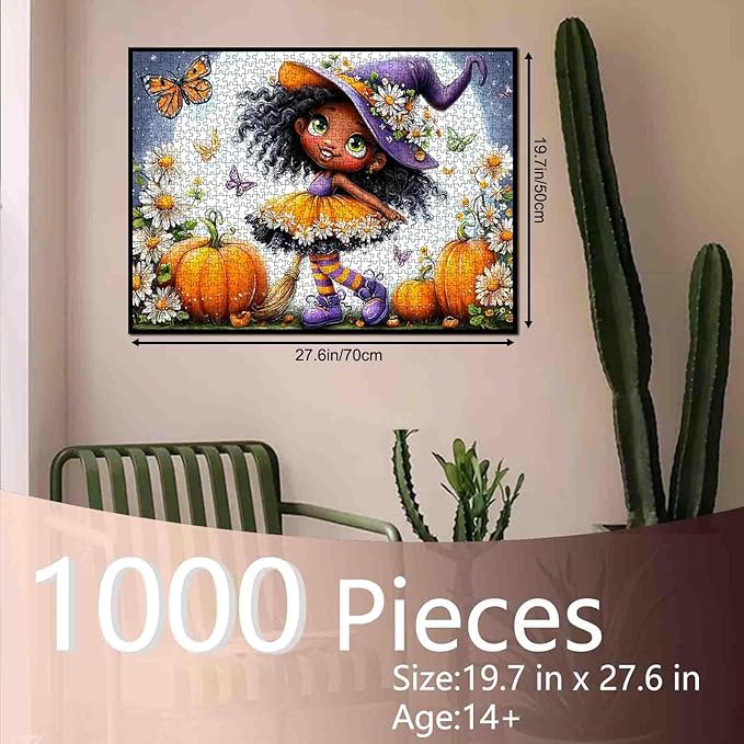 Cute Witch 1000 Piece Puzzle for Adults Pumpkins Butterflies and Flowers Jigsaw Vibrant Halloween Whimsical Fall Puzzles Challenging Aesthetic Fantasy Puzzle Home Decor 27x20 Inch