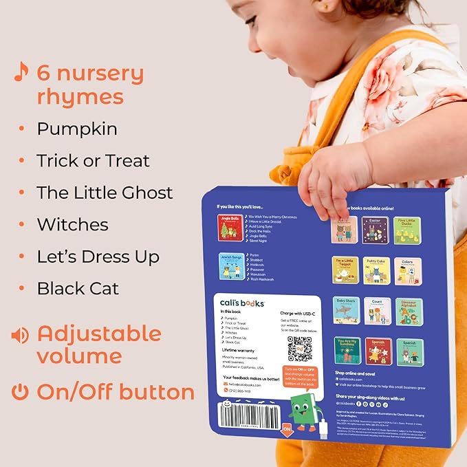 Cali's Books Halloween Books for Kids 3-5 - Glow in The Dark Musical Book for Toddlers 1-3, Halloween Toys Singing Music Book, USB-C Rechargeable Baby Nursery Rhymes Learning Song Toy for 2 Year Old