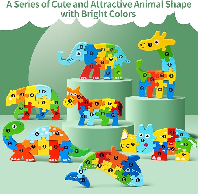 7 Pack Wooden Animal Toddler Puzzles for Kids Ages 3-5, Baby Montessori Toys for Kids Age 3 4 5 6 Years, 7 Animal Shape Learning Jigsaw Toys for 3 Year Olds for Boy Girl Ideal Gift