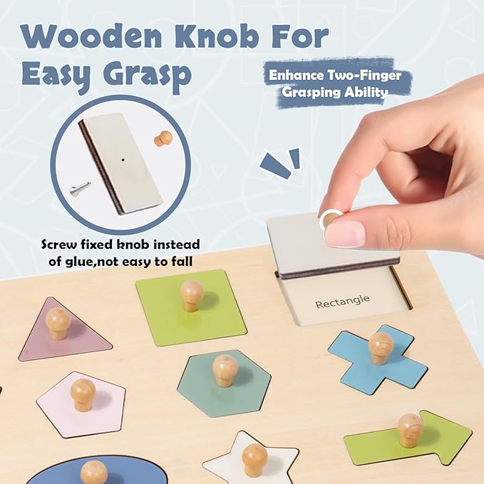 Montessori Toy for Babies 18-24 Months Wooden Shape Puzzles for Toddlers 1-3,Shape Peg Puzzles,Baby Puzzle 18-24 Months with Knob,Color & Shape Sorter for Toddlers(16 Geometric Shapes)