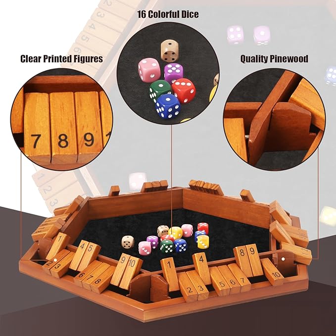 1-6 Players Shut The Box Dice Games, Wooden Board Table Math Game with 16 Dice and Instructions, Classics Close The Box Board Game for Adults Kids, Family Classroom Home or Bar