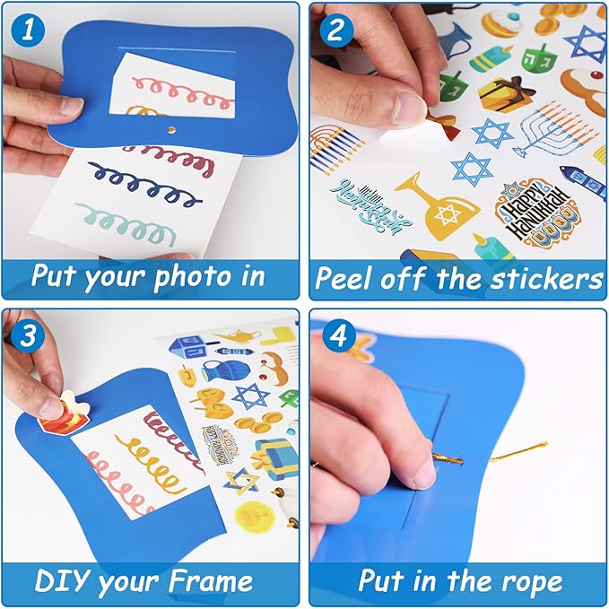 30 Packs Hanukkah Picture Frame Craft Kits for Kids Hanukkah DIY Craft Set with Menorah Dreidel Jewish Festival Stickers Home Classroom Indoor Game Activities
