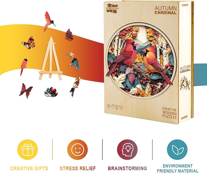 Wooden Puzzles for Adults - Autumn Cardinal Wooden Jigsaw Puzzle, Unique Animal Shaped Wood Puzzles Adult, Christmas Birthday Gifts for Friends/Family, Home Decor 13.4 * 13.4in 290pcs