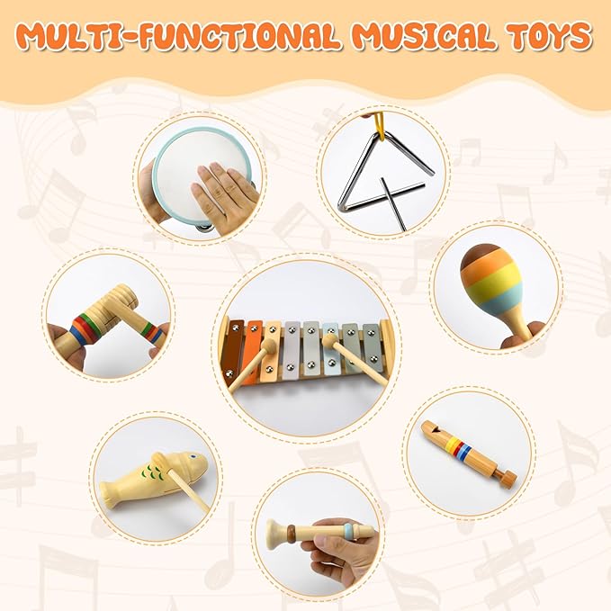 Baby Musical Instruments-Montessori Wooden Toys for Toddlers 3+ Neutral Colors Percussion Instruments Set with Modern Boho Xylophone for Kids Preschool Educational, Comes with Storage Bag