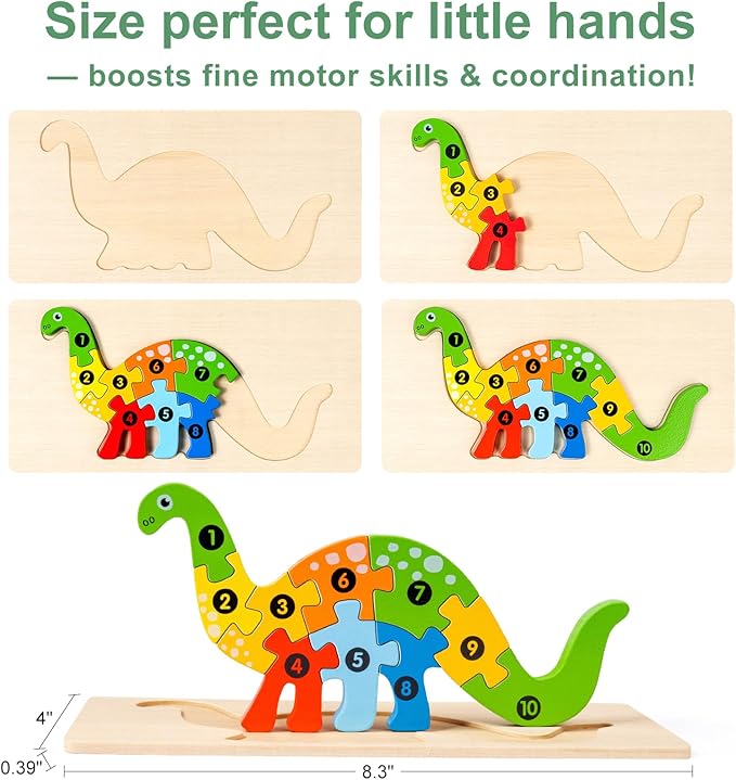 9 Pack, Wooden Puzzles for Kids, Toddler Number Puzzle, Animal Dinosaur Toddler Toys, Montessori Toys for Kids Ages 3+