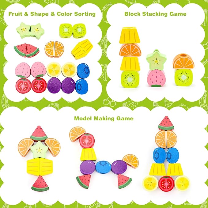 Montessori Wooden Beads Mastery Kit: Fine Motor Skills Builder for Toddlers 2-5 Stacking Blocks Lacing Beads Travel Learning Toys STEM Gifts for 2 3 4 5 Year Old Boys Girls Toys for Ages 2-4