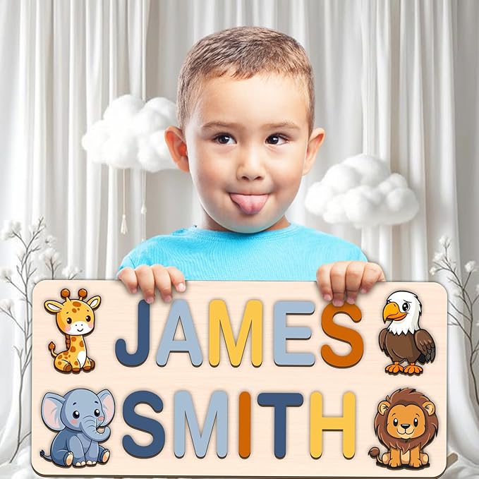 LOVELYPOD Personalized Name Puzzle for Kids, Custom Name Puzzles for Toddlers 1-3 Animal Puzzle, Customized 1st Birthday for Girls & Boys Wooden Toys for Kids, for New Baby - Style 19