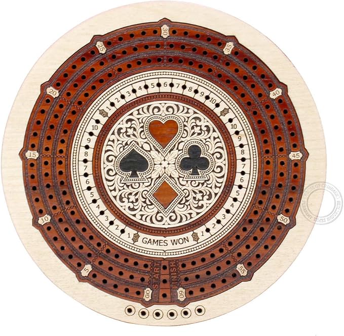 House of Cribbage - Round Shape 3 Track Non-Continuous Cribbage Board - Push Drawer Storage for Pegs and 1 Deck of Cards with Score Marking Fields for Won Games (Maple Wood/Bloodwood)