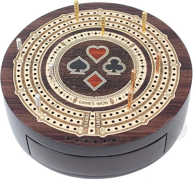 House of Cribbage - Round Shape 3 Track Non-Continuous Cribbage Board - Push Drawer Storage for Pegs and 1 Deck of Cards with Score Marking Fields for Won Games (Rosewood/Maple Wood)