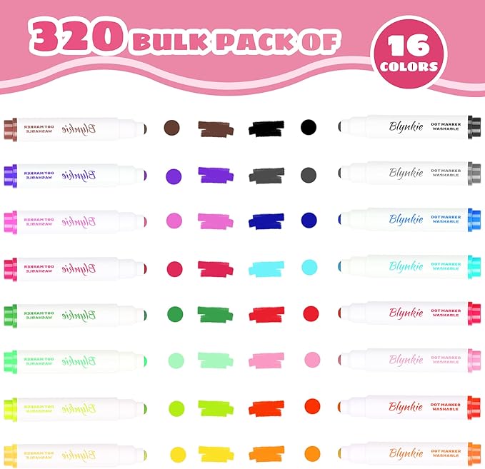 Washable Dot Markers Bulk, Pack of 320 with 16 Vibrant Colors, Shimmer Bingo Paint Daubers Supplies for Toddlers Preschool Student, Painting Art and Crafts, Non Toxic Water-Based