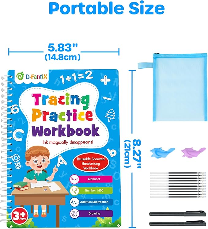 D-FantiX Magic Grooved Writing Practice for Kids Age 3-5, Reusable Grooved Handwriting Practice for Kids 5-7, Learn to Write Letter Tracing Books for Kids Kindergarten Preschool Learning Activities