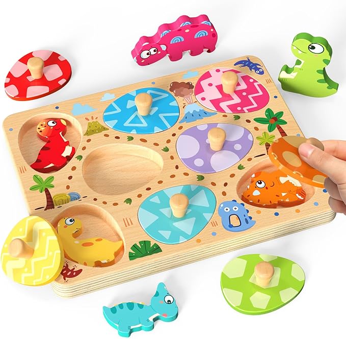 Wooden Puzzles for Toddlers, 8 Pcs Dinosaur Matching Egg Puzzle, Montessori Toys for Boy Girl Easter Birthday Gifts, Preschool Learning Activities & Educational Toys for Boys, Girls