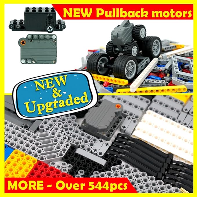 544PCS Technical Parts Pieces Sets, Engine Pullback Motor Kit, Beams Liftarm Frame Extra Replacement, Car Tire Wheel Axles Pin Connector Bricks Bulk