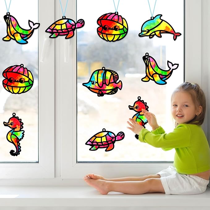 Qyeahkj 36 Set Sea Animal Suncatcher Crafts for Kids DIY Under The Sea Window Tissue Paper Craft Kit Ocean Animal Hanging Decor for Summer School Home Activity Art Project Birthday Party Favor Gift