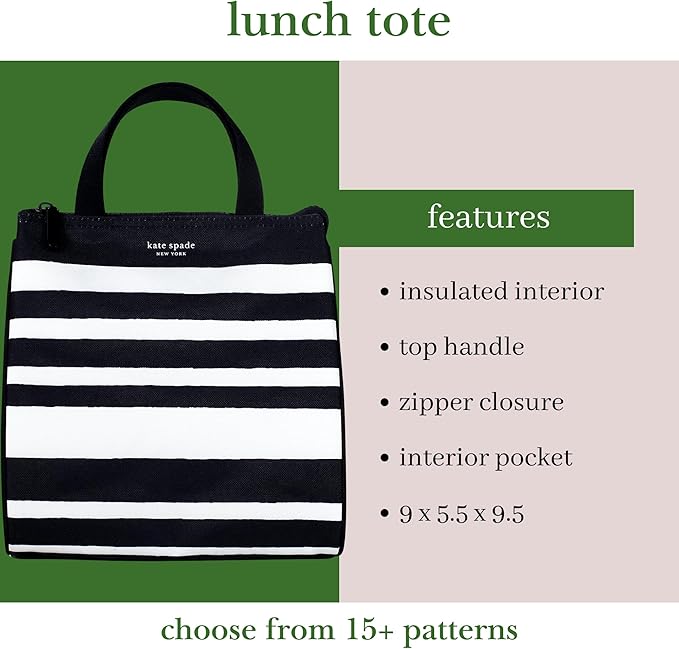 Kate Spade New York Black Portable Soft Cooler Lunch Bag, Thermal Tote with Silver Insulated Interior Lining and Storage Pocket, Sarah Stripe
