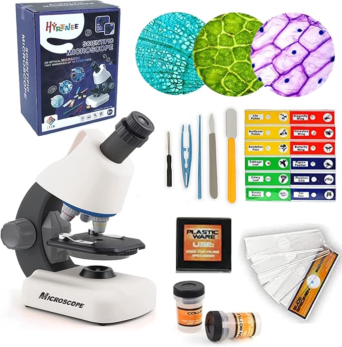Kids Microscope - Up to 40-1200x Zoom, STEM Kit with LED Light & Prepared Slides