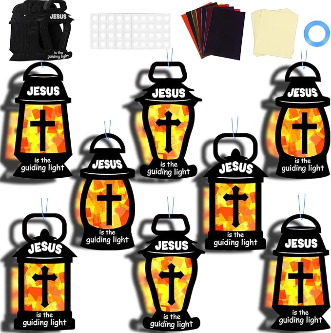 32 Sets Jesus is the Guiding Light Suncatchers Craft Kit DIY Window Stained Glass Effect Religious VBS Paper Craft Home School Classroom Decoration Kid Birthday Gift Creative Art Project Activity Game