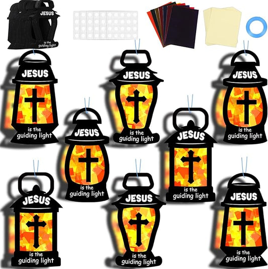 32 Sets Jesus is the Guiding Light Suncatchers Craft Kit DIY Window Stained Glass Effect Religious VBS Paper Craft Home School Classroom Decoration Kid Birthday Gift Creative Art Project Activity Game