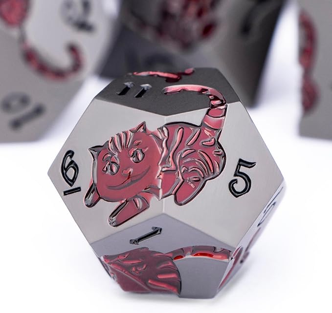 Metal DND Cat Dice 7PCS Polyhedral RPG Dice Set with Gift Case for Dungeons Dragons Role Playing Game, D and D Dice D6 D8 D10 D12 D20 D% (Grey Red)
